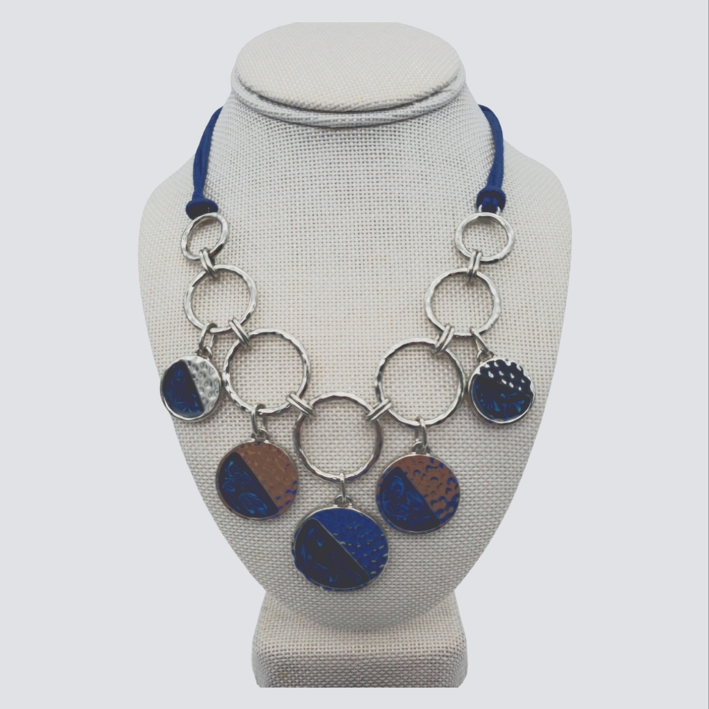 Chico's Silver Multi Disc Statement Necklace Navy with Hammered Silver Discs
